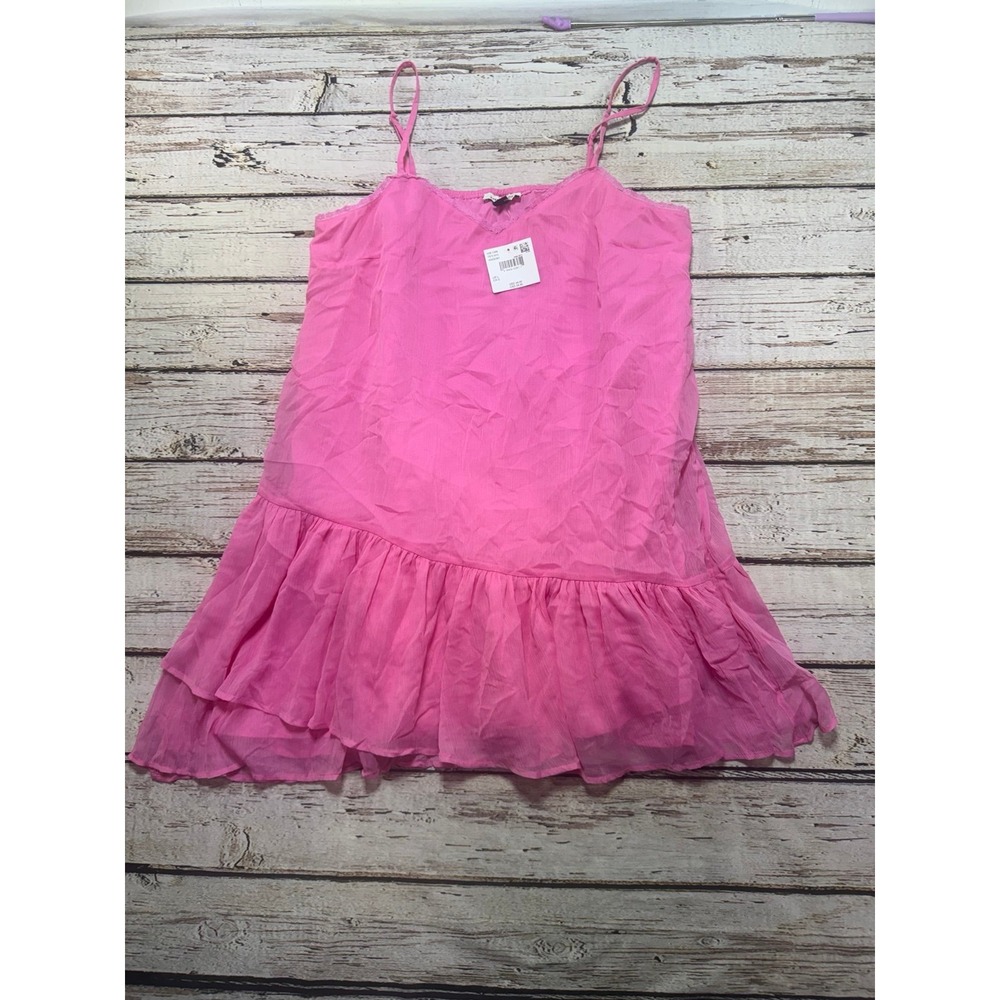 American Eagle Pink Chiffon Slip Dress Ruffle Hem Y2K Fairy Lace Mini XL NWT